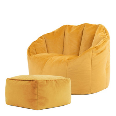 icon Sirena Scallop Chair Bean Bag and Footstool Ochre Yellow Velvet Bean Bags