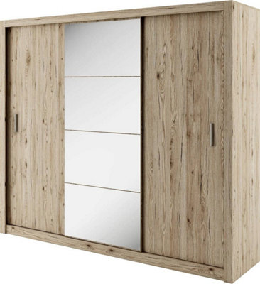 Idea 01 Contemporary Mirrored Sliding 3 Door Wardrobe 6 Shelves 2 Rails Oak San Remo Effect (H)2150mm (W)2500mm (D)600mm