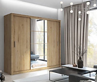 Idea 01 Contemporary Mirrored Sliding 3 Door Wardrobe 6 Shelves 2 Rails Oak Shetland Effect (H)2150mm (W)2500mm (D)600mm
