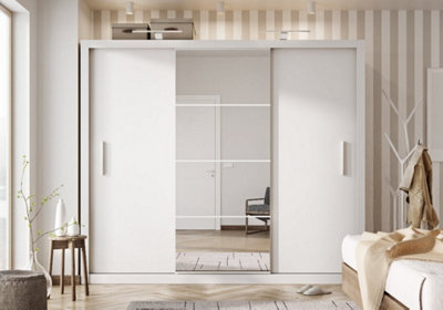 Idea 01 Contemporary Mirrored Sliding 3 Door Wardrobe 6 Shelves 2 Rails White (H)2150mm (W)2500mm (D)600mm