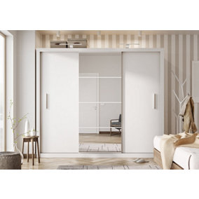 Idea 01 Contemporary Mirrored Sliding 3 Door Wardrobe 6 Shelves 2 Rails White (H)2150mm (W)2500mm (D)600mm