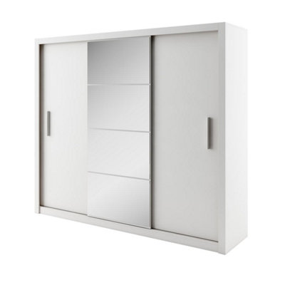 Idea 01 Contemporary Mirrored Sliding 3 Door Wardrobe 6 Shelves 2 Rails White (H)2150mm (W)2500mm (D)600mm
