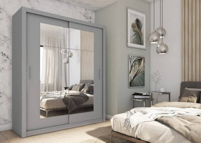 Idea 02 Contemporary Mirrored Sliding 2 Door Wardrobe 5 Shelves 1 Hanging Rail Grey (H)2150mm (W)1800mm (D)600mm