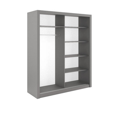Idea 02 Contemporary Mirrored Sliding 2 Door Wardrobe 5 Shelves 1 Hanging Rail Grey (H)2150mm (W)1800mm (D)600mm