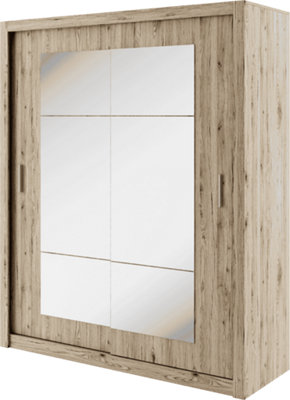 Idea 02 Contemporary Mirrored Sliding 2 Door Wardrobe 5 Shelves 1 Hanging Rail Oak San Remo Effect H2150mm W1800mm D600mm