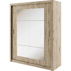 Idea 02 Contemporary Mirrored Sliding 2 Door Wardrobe 5 Shelves 1 Hanging Rail Oak San Remo Effect H2150mm W1800mm D600mm