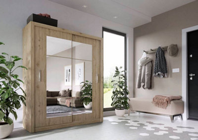 Idea 02 Contemporary Mirrored Sliding 2 Door Wardrobe 5 Shelves 1 Hanging Rail Oak Shetland Effect (H)2150mm (W)1800mm (D)600mm