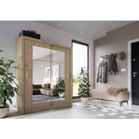 Idea 02 Contemporary Mirrored Sliding 2 Door Wardrobe 5 Shelves 1 Hanging Rail Oak Shetland Effect (H)2150mm (W)1800mm (D)600mm