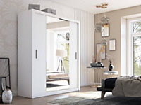 Idea 02 Contemporary Mirrored Sliding 2 Door Wardrobe 5 Shelves 1 Hanging Rail White (H)2150mm (W)1800mm (D)600mm