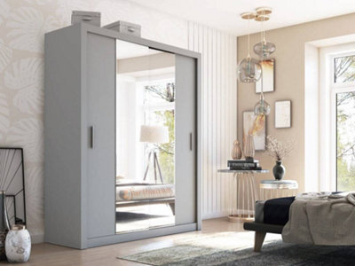 Idea 03 Contemporary Mirrored Sliding 2 Door Wardrobe 5 Shelves 1 Hanging Rail Grey (H)2150mm (W)1800mm (D)600mm