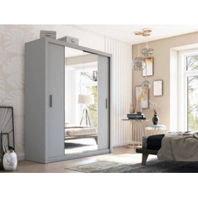 Idea 03 Contemporary Mirrored Sliding 2 Door Wardrobe 5 Shelves 1 Hanging Rail Grey (H)2150mm (W)1800mm (D)600mm