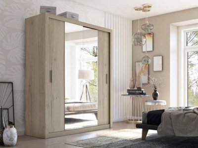 Idea 03 Contemporary Mirrored Sliding 2 Door Wardrobe 5 Shelves 1 Hanging Rail Oak Effect (H)2150mm (W)1800mm (D)600mm