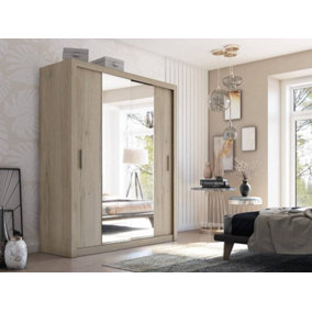 Idea 03 Contemporary Mirrored Sliding 2 Door Wardrobe 5 Shelves 1 Hanging Rail Oak Effect (H)2150mm (W)1800mm (D)600mm