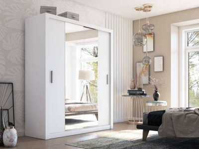 Idea 03 Contemporary Mirrored Sliding 2 Door Wardrobe 5 Shelves 1 Hanging  Rail White (H)2150mm (W)1800mm (D)600mm