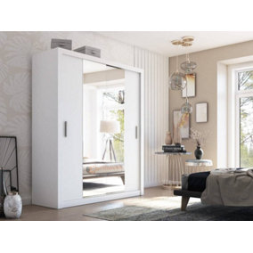 Idea 03 Contemporary Mirrored Sliding 2 Door Wardrobe 5 Shelves 1 Hanging  Rail White (H)2150mm (W)1800mm (D)600mm