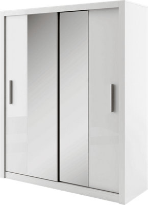 Idea 03 Contemporary Mirrored Sliding 2 Door Wardrobe 5 Shelves 1 Hanging  Rail White (H)2150mm (W)1800mm (D)600mm