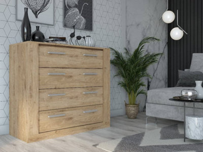 Idea 10 Contemporary Chest Of Drawers Silver Handles 4 Drawers Oak Effect (H)910mm (W)1000mm (D)420mm