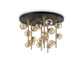 Ideal Lux Perlage 18 Light Globe Ceiling Light Brass, Amber Glass Shade