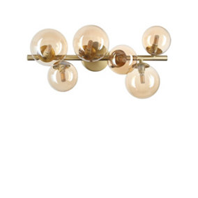 Ideal Lux Perlage 6 Light Globe Ceiling Light Brass, Amber Glass Shade