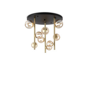 Ideal Lux Perlage 9 Light Globe Ceiling Light Brass, Amber Glass Shade