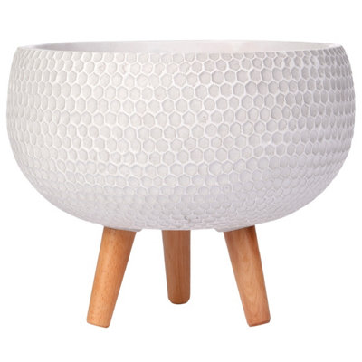IDEALIST 10.6 Inch Bowl Planter on Legs, Honeycomb White Stone Effect Round Indoor Plant Pot for Indoor Plants D27 H25 cm, 7L
