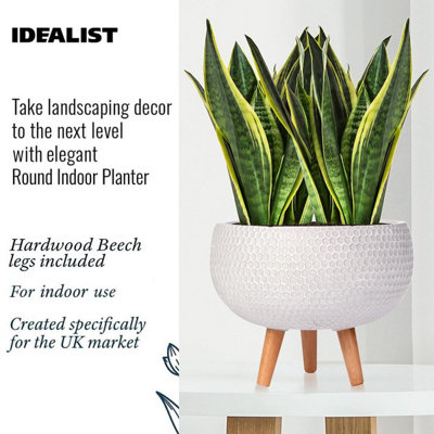 IDEALIST 10.6 Inch Bowl Planter on Legs, Honeycomb White Stone Effect Round Indoor Plant Pot for Indoor Plants D27 H25 cm, 7L