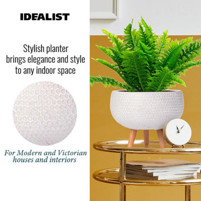 IDEALIST 10.6 Inch Bowl Planter on Legs, Honeycomb White Stone Effect Round Indoor Plant Pot for Indoor Plants D27 H25 cm, 7L