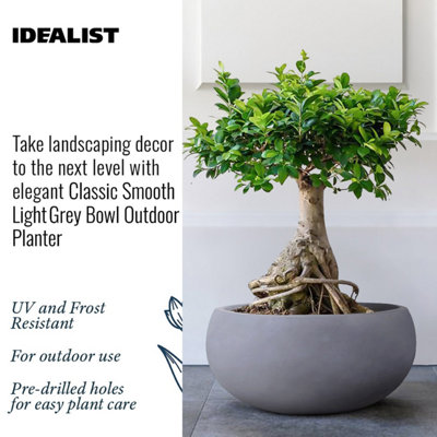 IDEALIST™ 11.8 Inch Bowl Planter, Light Grey Reinforced Stone Garden Shallow Planter, Large Bonsai Pot W30 H14 cm, 10L