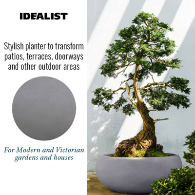 IDEALIST™ 11.8 Inch Bowl Planter, Light Grey Reinforced Stone Garden Shallow Planter, Large Bonsai Pot W30 H14 cm, 10L