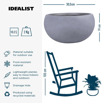 IDEALIST™ 11.8 Inch Bowl Planter, Light Grey Reinforced Stone Garden Shallow Planter, Large Bonsai Pot W30 H14 cm, 10L