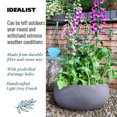 IDEALIST™ 11.8 Inch Bowl Planter, Light Grey Reinforced Stone Garden Shallow Planter, Large Bonsai Pot W30 H14 cm, 10L