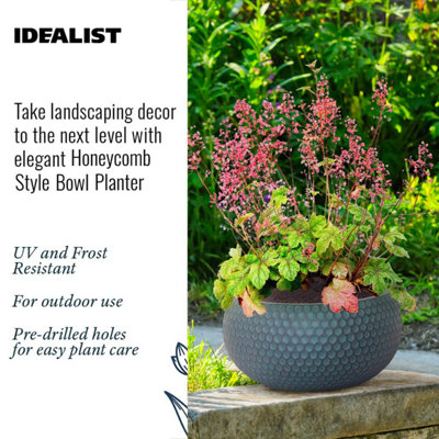 IDEALIST™ 11 Inch Bowl Planter, Bonsai Pot, Honeycomb Slate Grey Reinforced Stone Shallow Planter, Outdoor Plant Pot D28 H14 cm