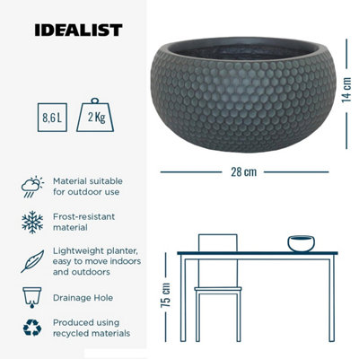 IDEALIST™ 11 Inch Bowl Planter, Bonsai Pot, Honeycomb Slate Grey Reinforced Stone Shallow Planter, Outdoor Plant Pot D28 H14 cm