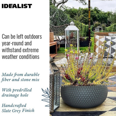 IDEALIST™ 11 Inch Bowl Planter, Bonsai Pot, Honeycomb Slate Grey Reinforced Stone Shallow Planter, Outdoor Plant Pot D28 H14 cm