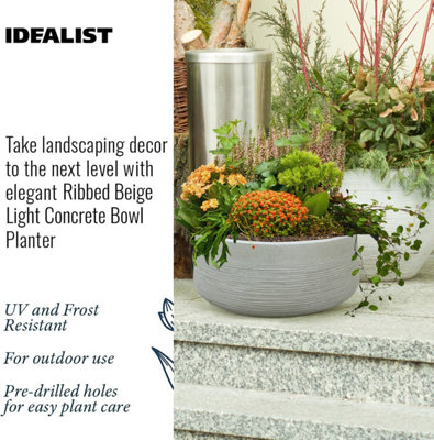 IDEALIST™ 12 Inch Bowl Planter, Large Bonsai Pot, Ribbed Beige Reinforced Stone Shallow Planter, Outdoor Plant Pot D31 H12 cm, 9L