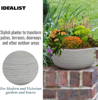 IDEALIST™ 12 Inch Bowl Planter, Large Bonsai Pot, Ribbed Beige Reinforced Stone Shallow Planter, Outdoor Plant Pot D31 H12 cm, 9L