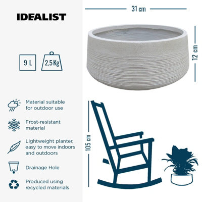 IDEALIST™ 12 Inch Bowl Planter, Large Bonsai Pot, Ribbed Beige Reinforced Stone Shallow Planter, Outdoor Plant Pot D31 H12 cm, 9L