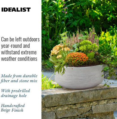 IDEALIST™ 12 Inch Bowl Planter, Large Bonsai Pot, Ribbed Beige Reinforced Stone Shallow Planter, Outdoor Plant Pot D31 H12 cm, 9L