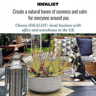 IDEALIST 12 Inch Bowl Planter Large Bonsai Pot Ribbed Beige Reinforced Stone Shallow Planter Outdoor