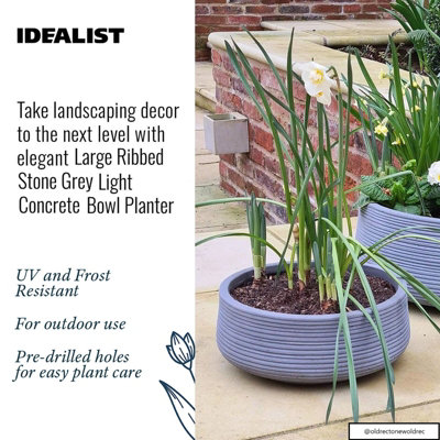 IDEALIST™ 12 Inch Bowl Planter Large Bonsai Pot, Ribbed Grey Reinforced Stone Garden Shallow Planter, Outdoor Plant Pot D31 H12 cm
