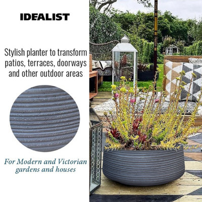 IDEALIST™ 12 Inch Bowl Planter Large Bonsai Pot, Ribbed Grey Reinforced Stone Garden Shallow Planter, Outdoor Plant Pot D31 H12 cm