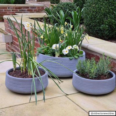 IDEALIST™ 12 Inch Bowl Planter Large Bonsai Pot, Ribbed Grey Reinforced Stone Garden Shallow Planter, Outdoor Plant Pot D31 H12 cm