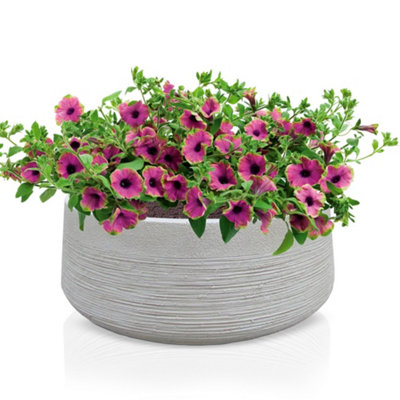 IDEALIST™ 12 Inch Bowl Planter, Ribbed Beige Reinforced Stone Shallow Planter, Large Bonsai Pot, Outdoor Plant Pot D31 H12 cm