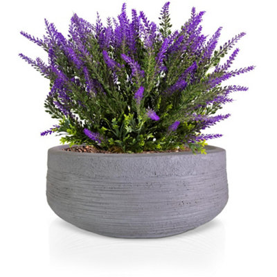 IDEALIST™ 12 Inch Bowl Planter, Ribbed Grey Reinforced Stone Shallow Planter, Large Bonsai Pot, Outdoor Plant Pot D31 H12 cm, 9L