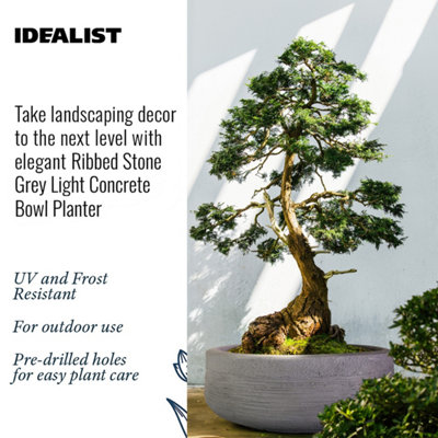 IDEALIST™ 12 Inch Bowl Planter, Ribbed Grey Reinforced Stone Shallow Planter, Large Bonsai Pot, Outdoor Plant Pot D31 H12 cm, 9L