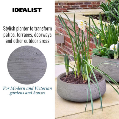 IDEALIST™ 12 Inch Bowl Planter, Ribbed Grey Reinforced Stone Shallow Planter, Large Bonsai Pot, Outdoor Plant Pot D31 H12 cm, 9L