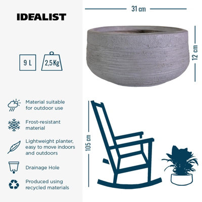 IDEALIST™ 12 Inch Bowl Planter, Ribbed Grey Reinforced Stone Shallow Planter, Large Bonsai Pot, Outdoor Plant Pot D31 H12 cm, 9L