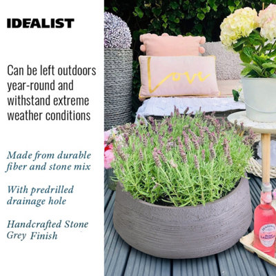 IDEALIST™ 12 Inch Bowl Planter, Ribbed Grey Reinforced Stone Shallow Planter, Large Bonsai Pot, Outdoor Plant Pot D31 H12 cm, 9L