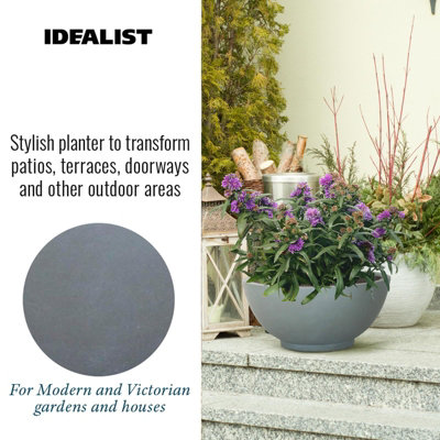 IDEALIST™ 13.8 Inch Bowl Planter, Light Grey Reinforced Stone Garden Shallow Planter, Large Bonsai Pot D35 H16 cm, 16L