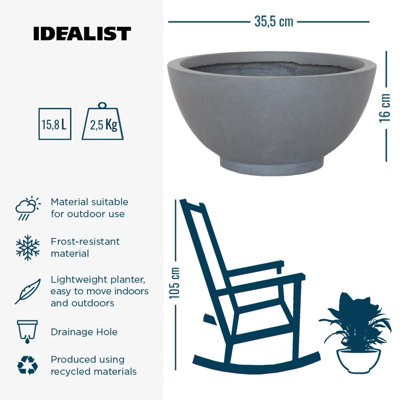 IDEALIST™ 13.8 Inch Bowl Planter, Light Grey Reinforced Stone Garden Shallow Planter, Large Bonsai Pot D35 H16 cm, 16L